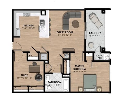 Floor plan for 1 bed, 1 bath